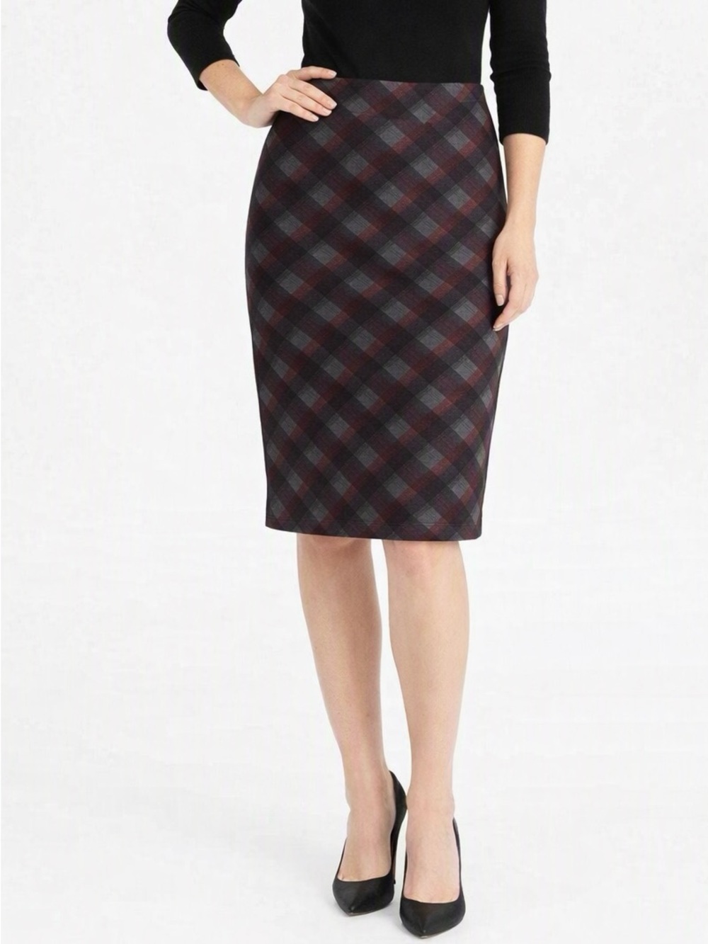 NYCC New York Clothing Co. Plaid Pencil Skirt in Black and Burgundy